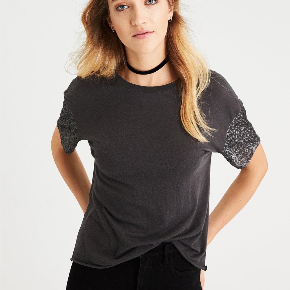 American Eagle Sequin Sleeve T-Shirt